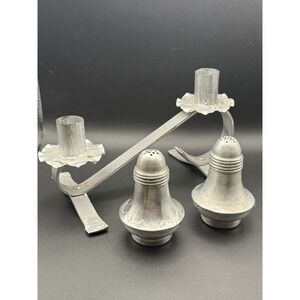 Lot 3 VTG MCM Hammered Aluminum Double Candelabra Cory and Salt & Pepper Shakers